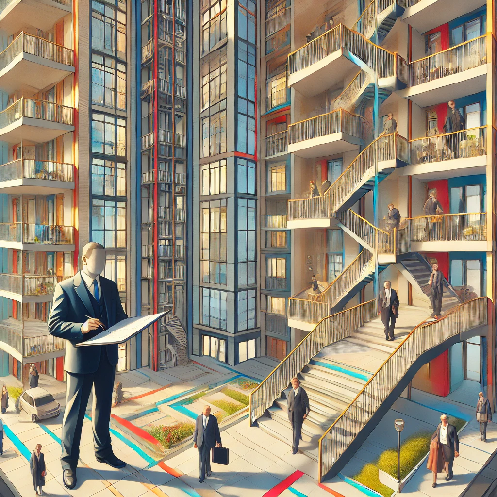 Condominio moderno con scale e amministratore che discute la ripartizione delle spese in base ai millesimi di proprietà