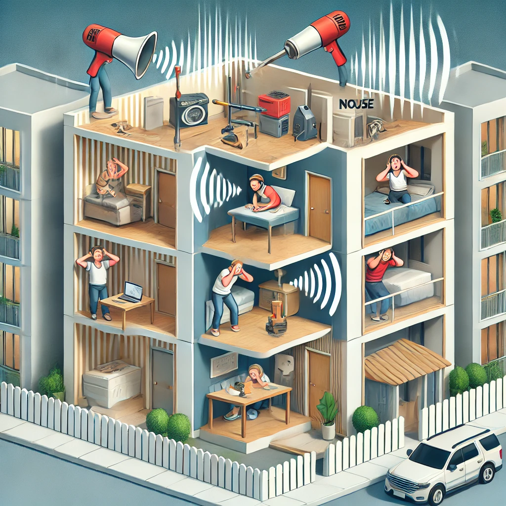 Immagine di un condominio con rumori di ristrutturazione. Un appartamento in fase di lavori mostra trapani e martelli che emettono onde sonore, mentre i vicini sono disturbati, con alcuni che si tappano le orecchie o cercano di riposare.
