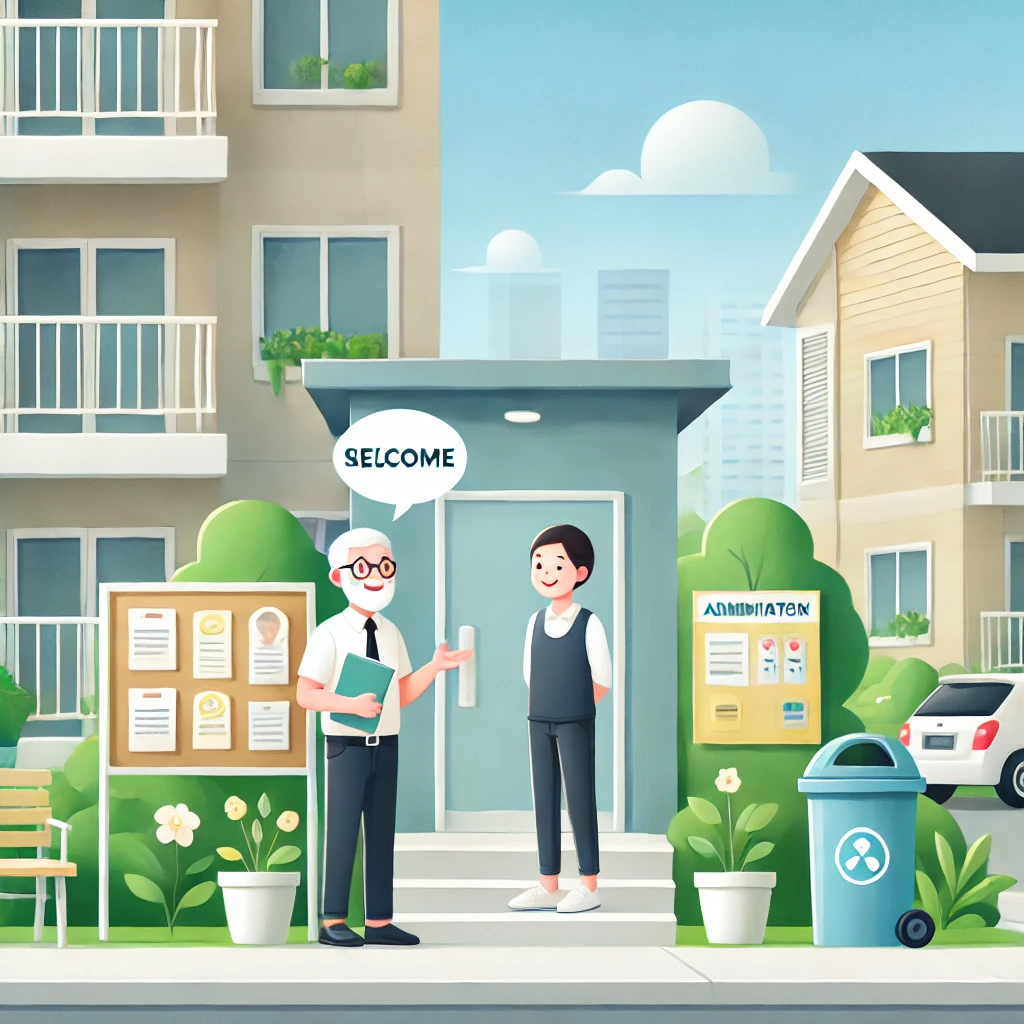 Illustrazione di un ingresso condominiale accogliente con giardino curato, vicini sorridenti e un amministratore che parla con un nuovo residente.