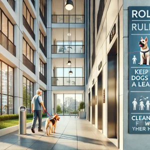 Illustrazione di un condominio moderno con scene di proprietari di cani che rispettano le regole condominiali: un cane al guinzaglio con il proprietario, un cartello con le regole per gli animali domestici e un cane con la museruola che entra in ascensore con il proprietario. L'immagine rappresenta buone pratiche e la convivenza serena tra animali domestici e condomini.