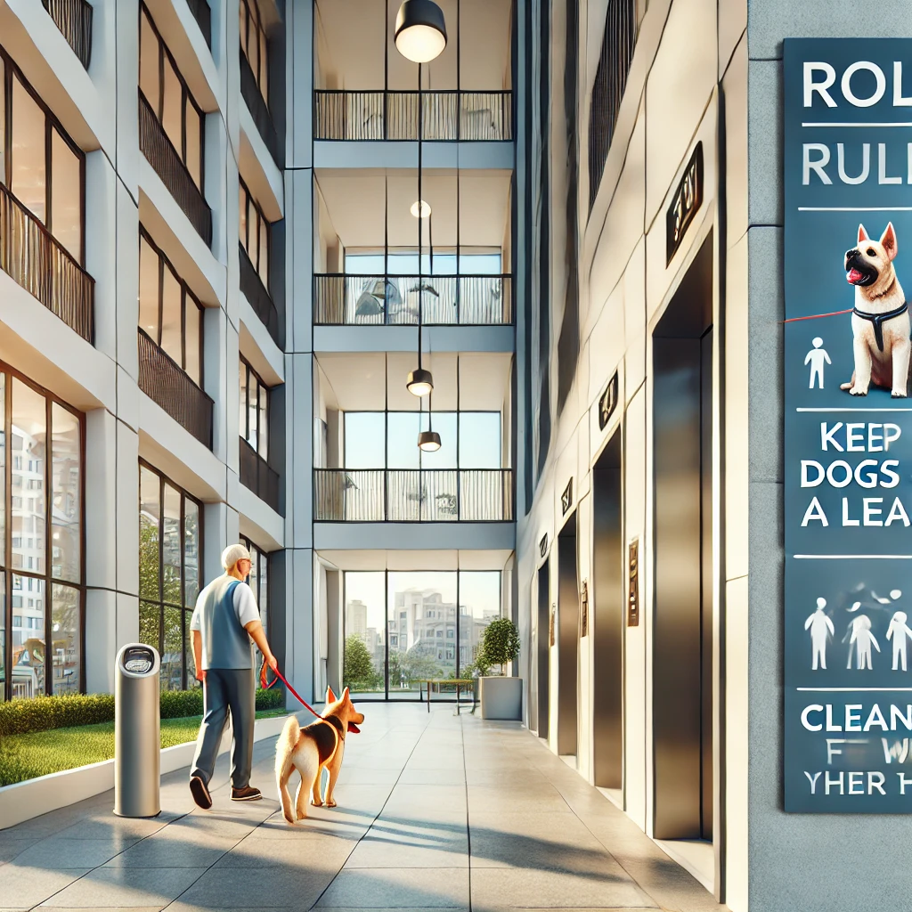 Illustrazione di un condominio moderno con scene di proprietari di cani che rispettano le regole condominiali: un cane al guinzaglio con il proprietario, un cartello con le regole per gli animali domestici e un cane con la museruola che entra in ascensore con il proprietario. L'immagine rappresenta buone pratiche e la convivenza serena tra animali domestici e condomini.