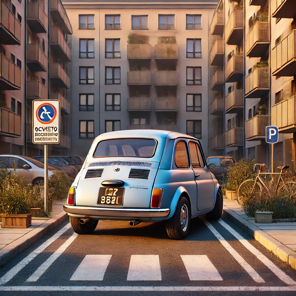 Auto parcheggiata in modo illegittimo in un condominio, posizionata in modo disordinato e bloccando un'area riservata. Visibile un cartello di divieto di parcheggio e le facciate degli edifici residenziali sullo sfondo.
