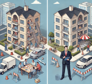 Illustrazione di confronto tra un condominio autogestito con residenti caotici che svolgono lavori di manutenzione e un condominio gestito da un amministratore professionista, rappresentato come ben organizzato e ordinato.