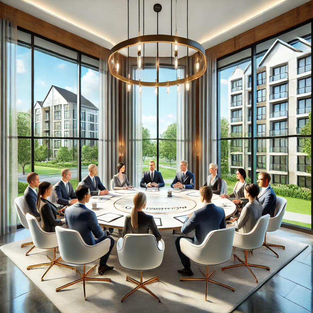 Illustrazione di una riunione condominiale in una sala moderna con un tavolo rotondo e partecipanti seduti, rappresentanti inquilini e proprietari.
