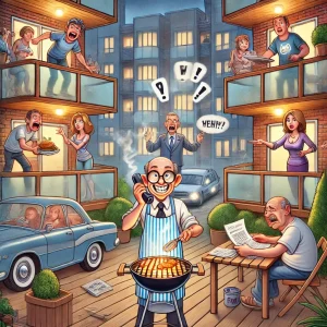 Illustrazione di problemi condominiali: amministratore sopraffatto e condomini caotici.