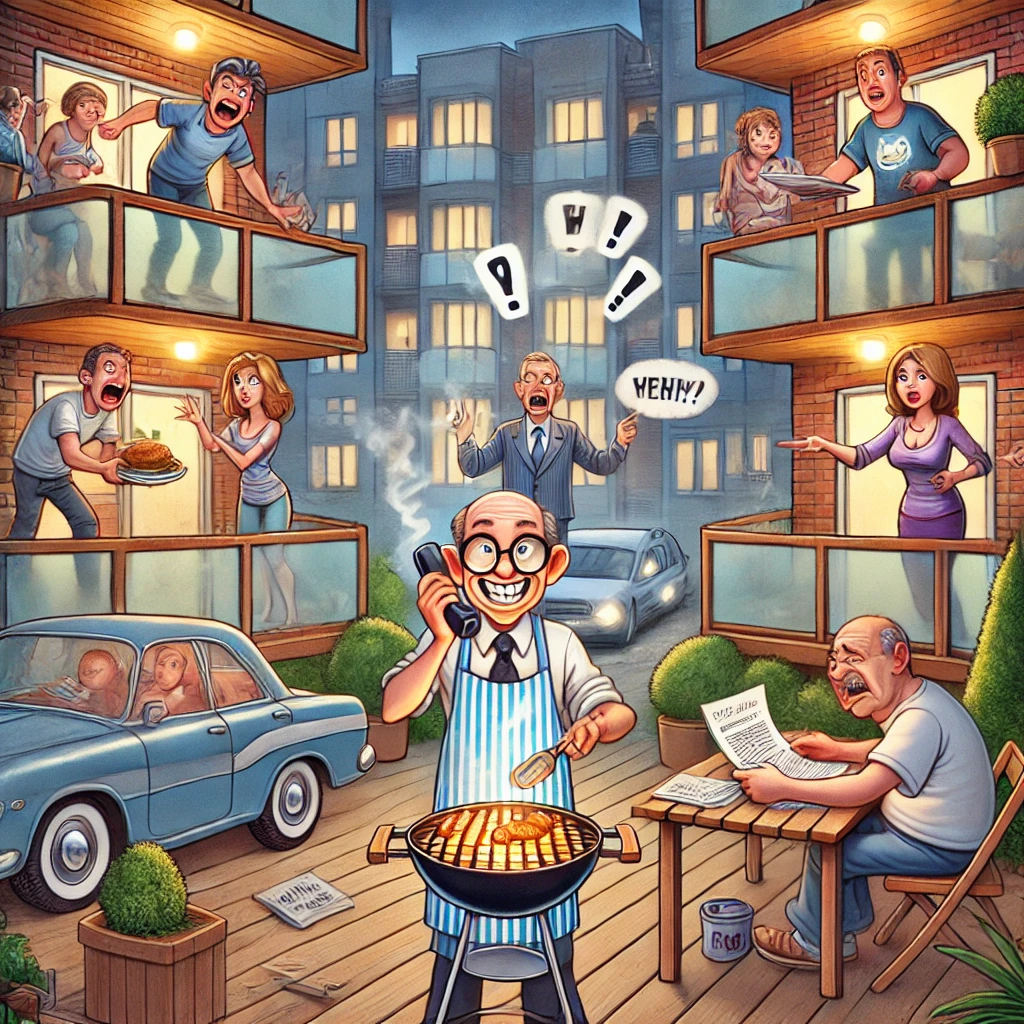 Illustrazione umoristica di una scena condominiale con vicini impegnati in situazioni caotiche e un amministratore sopraffatto ma sorridente.