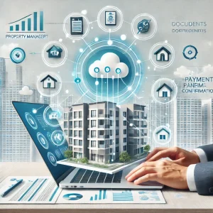 Illustrazione di un amministratore di condominio che utilizza un laptop con un'interfaccia di gestione cloud. Sono visibili elementi come grafici, notifiche e documenti che evidenziano l'organizzazione e la gestione digitale.