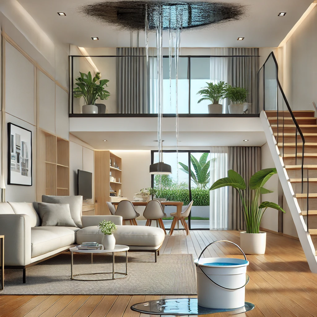 Interno di un condominio con una macchia d'acqua visibile sul soffitto e acqua che scende in un secchio. Arredamento moderno e ambiente luminoso.
