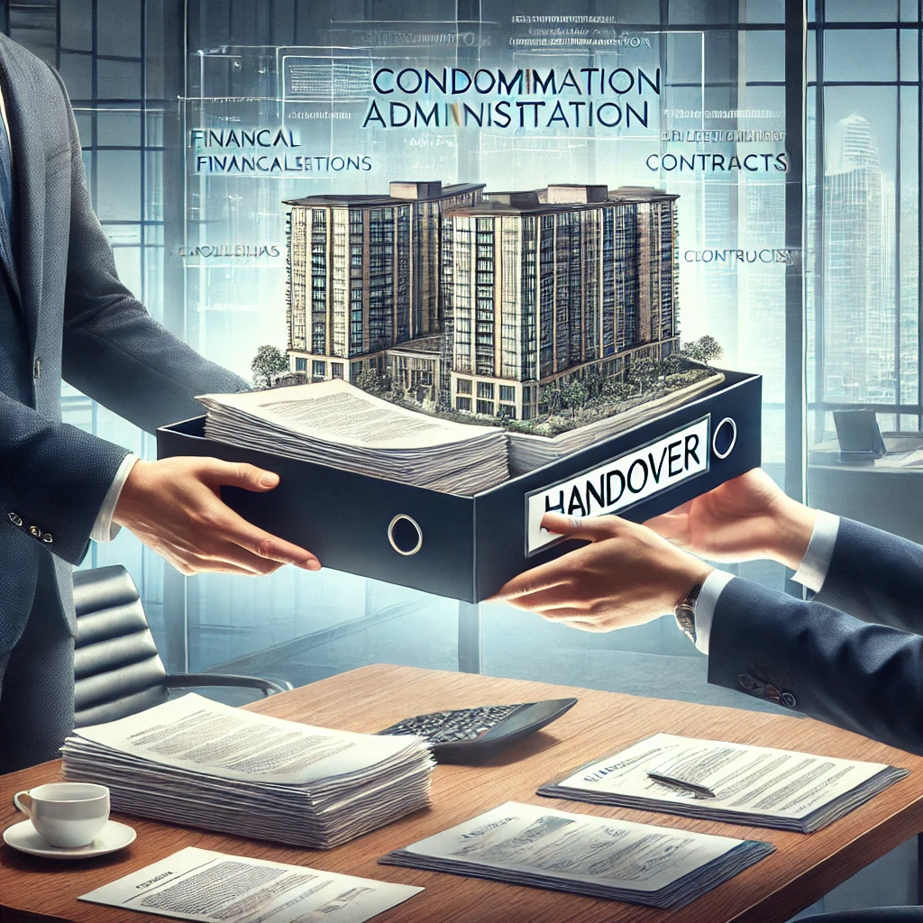 Passaggio di consegne tra amministratori di condominio con documenti.