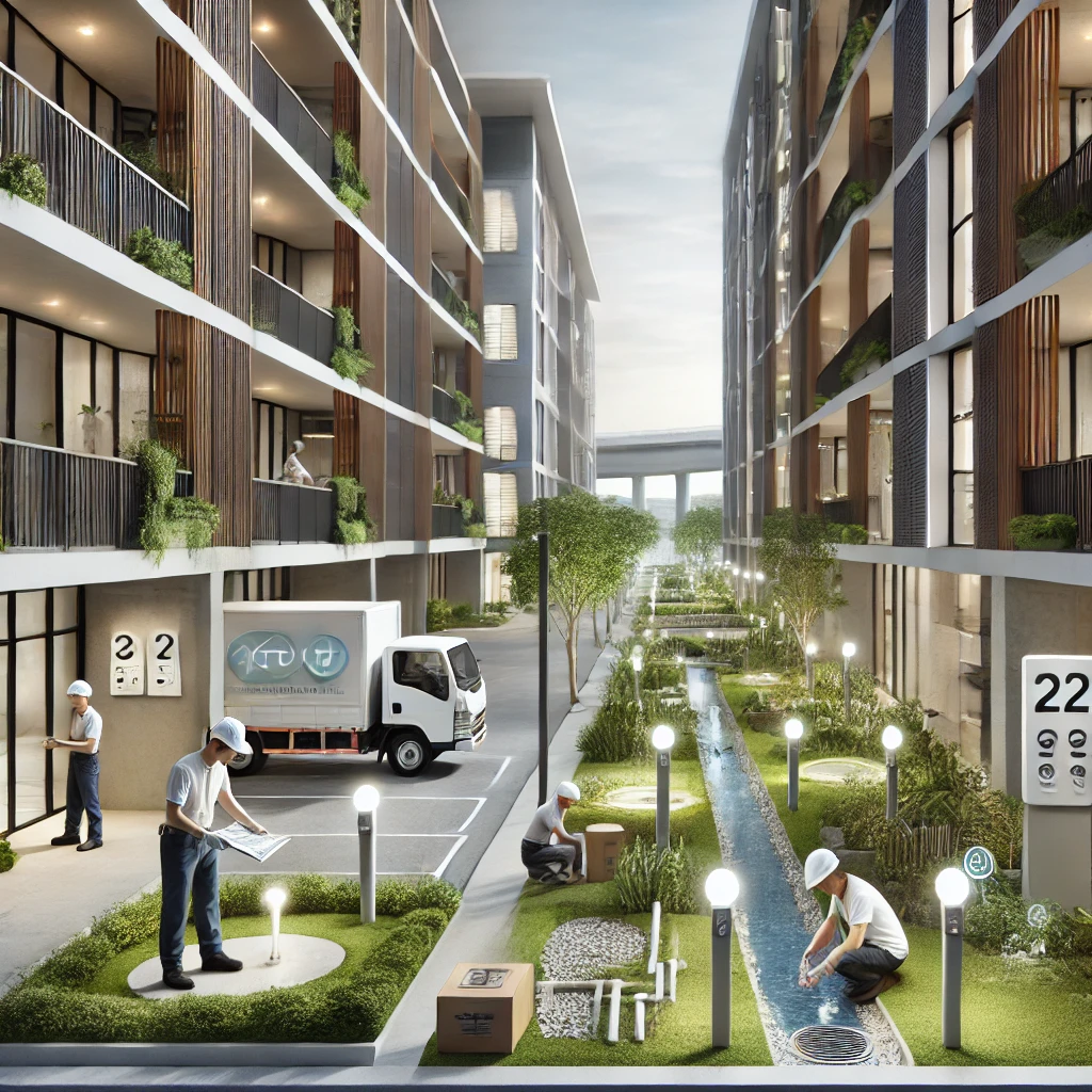 Illustrazione di un condominio moderno con soluzioni sostenibili, manutenzioni programmate e piante a basso consumo idrico.