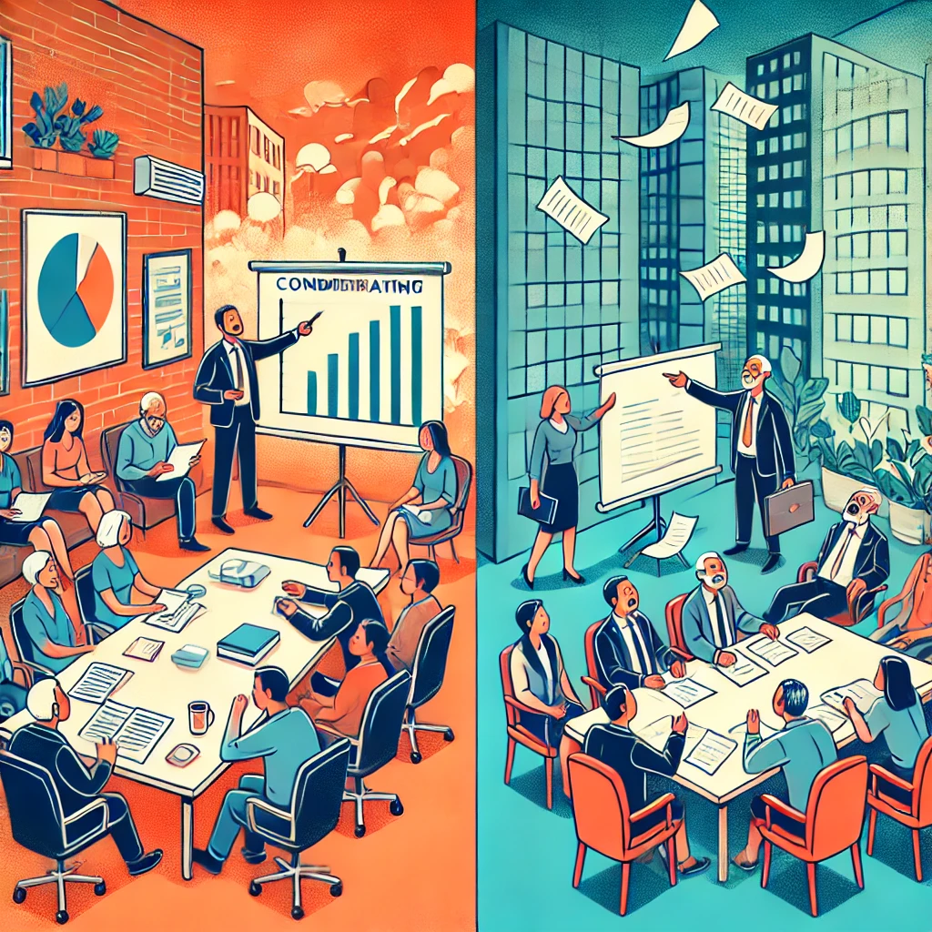 Illustrazione che mostra una scena divisa: a sinistra, una riunione condominiale organizzata con persone che discutono pacificamente; a destra, una riunione caotica con persone che litigano e documenti in aria.